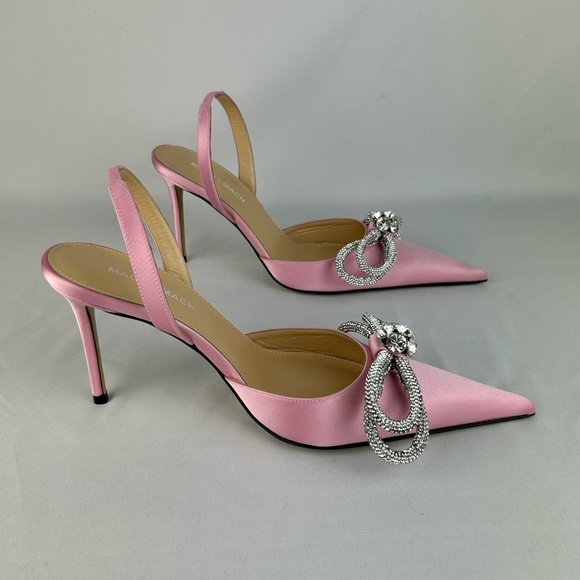 Mach & Mach RARE Double Bow Crystal-embellished Pink Satin Slingback Heels - Picture 3 of 16